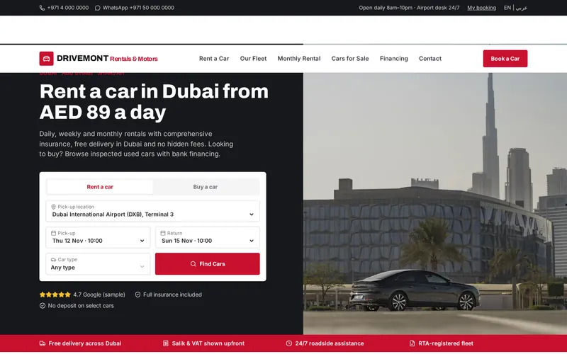 Drivemont Rentals & Motors home page, a Car rental & used car dealer website