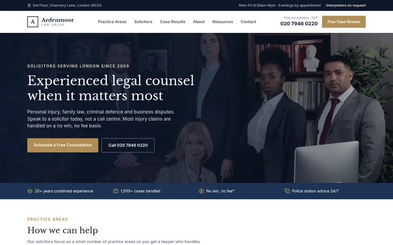 Ardenmoor Law Group home page, a Law firm (solicitors) website