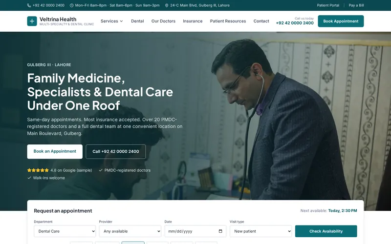 Veltrina Health home page, a Multi-specialty medical & dental clinic website
