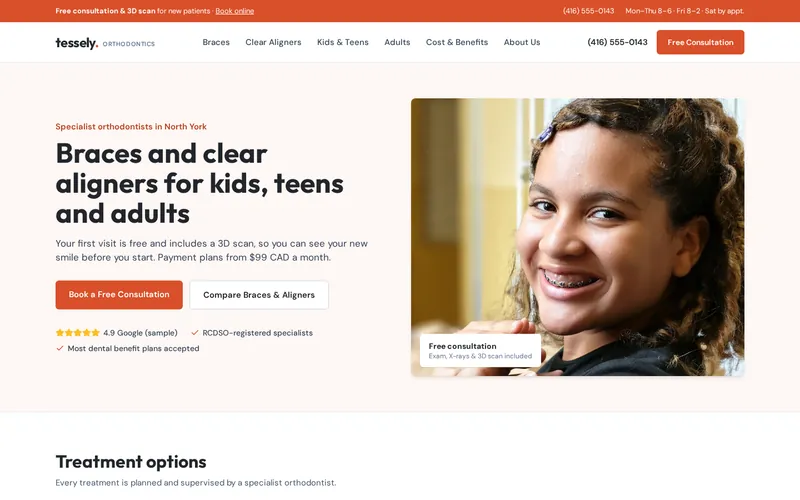 Tessely Orthodontics home page, a Orthodontist (braces & clear aligners) website