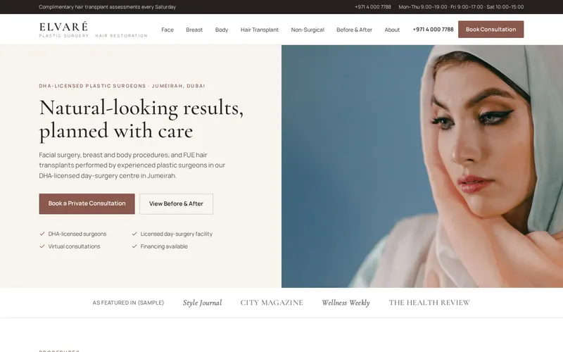 Elvaré Plastic Surgery home page, a Plastic surgery & hair transplant clinic website