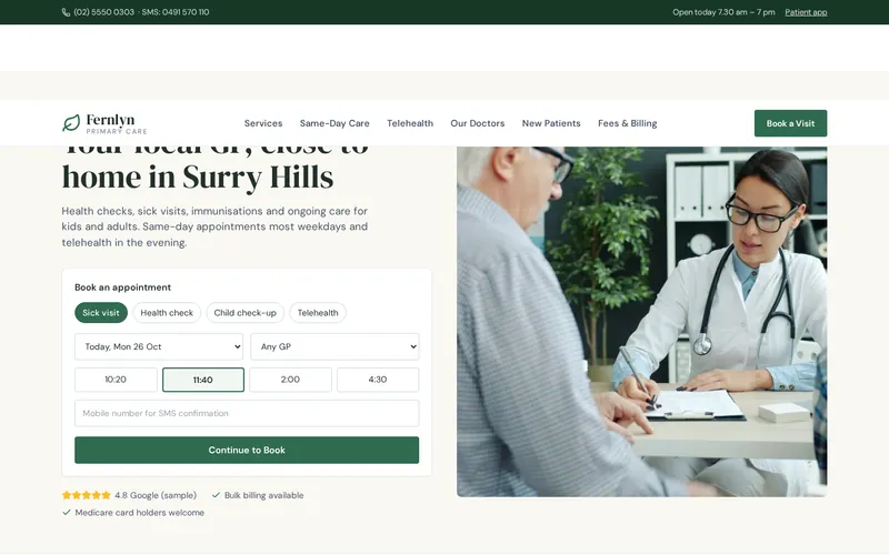 Fernlyn Primary Care home page, a GP clinic website