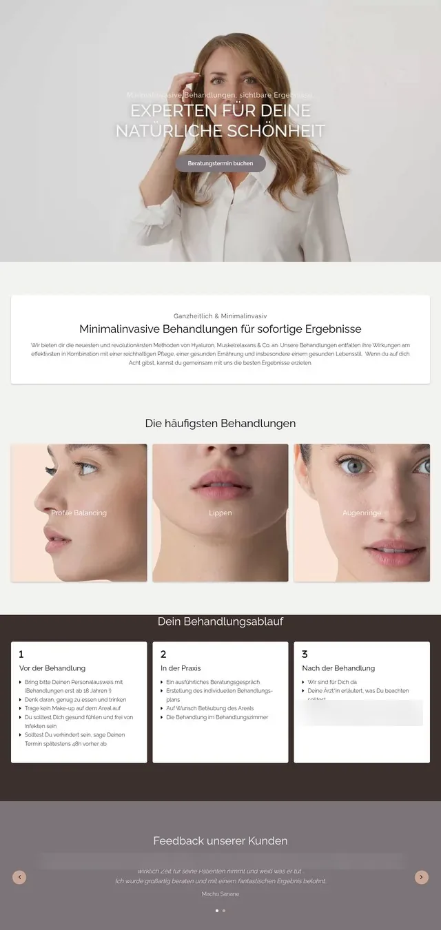 Live Aesthetic Clinic in Zurich homepage on the clinic’s site with sectioned layout