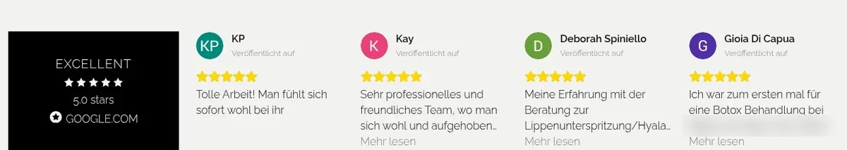 Google review cards live on the Aesthetic Clinic in Zurich homepage