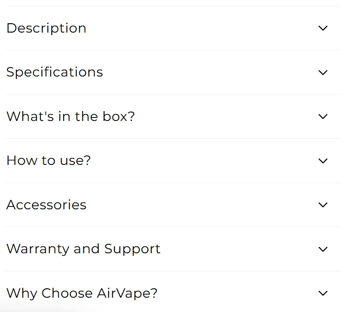 Live AirVape product page sections: Description, Specifications, What's in the box, How to use, Accessories, Warranty and Support, Why Choose AirVape