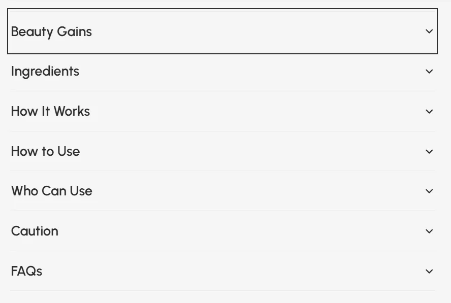 Live Biocos product page sections: Beauty Gains, Ingredients, How It Works, How to Use, Who Can Use, Caution, FAQs