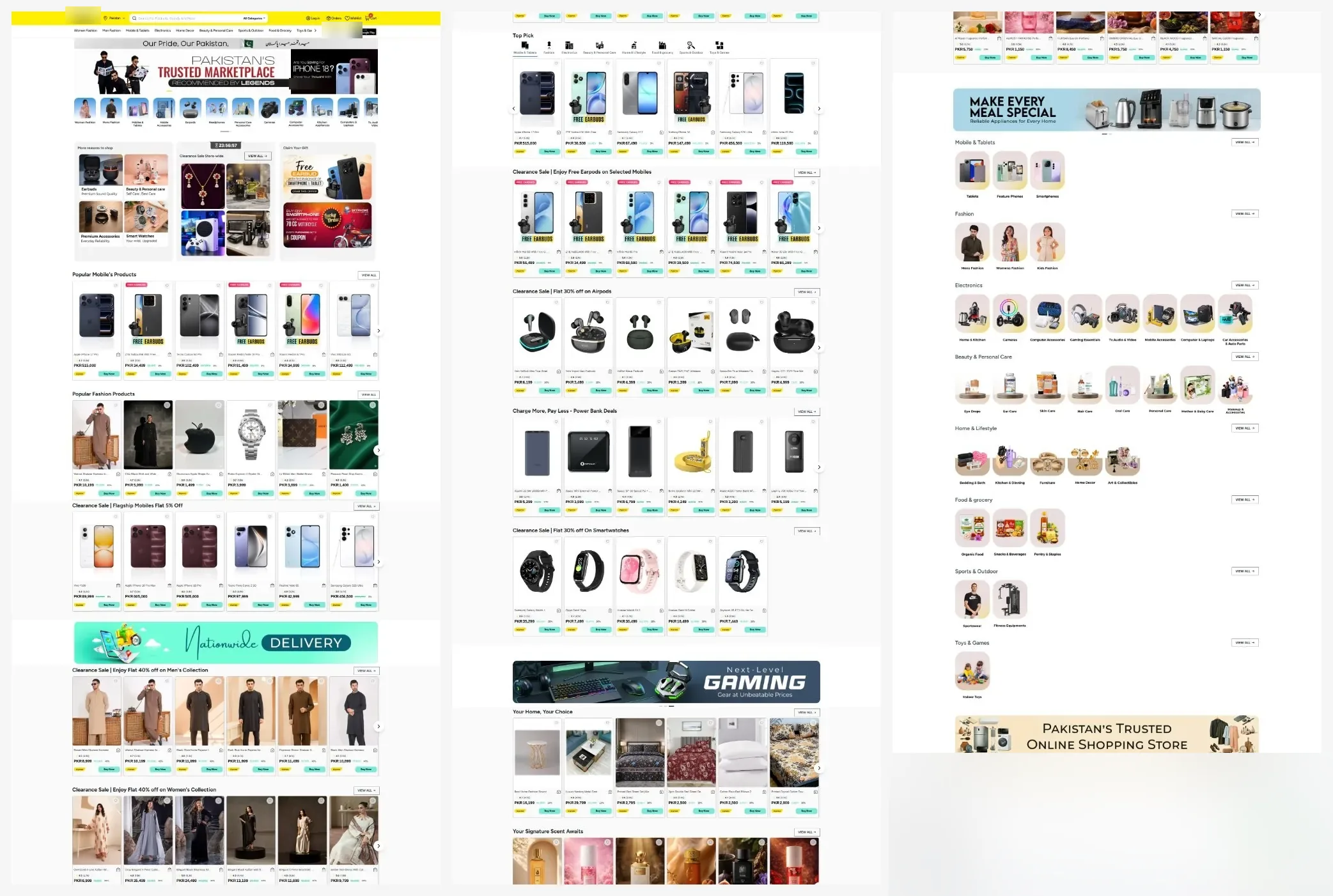 The full revamped Online Marketplace in Pakistan homepage from top to bottom, split into three columns: category icons, deal blocks, popular mobiles, fashion, clearance sales, power banks, smartwatches, home, fragrances and category grids