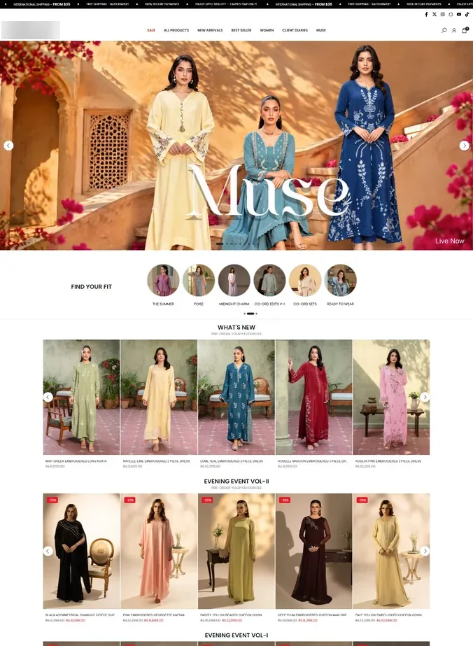 After: the brand's revamped homepage with the Muse hero banner, Find your fit category shortcuts, What's New and Evening Event product rails