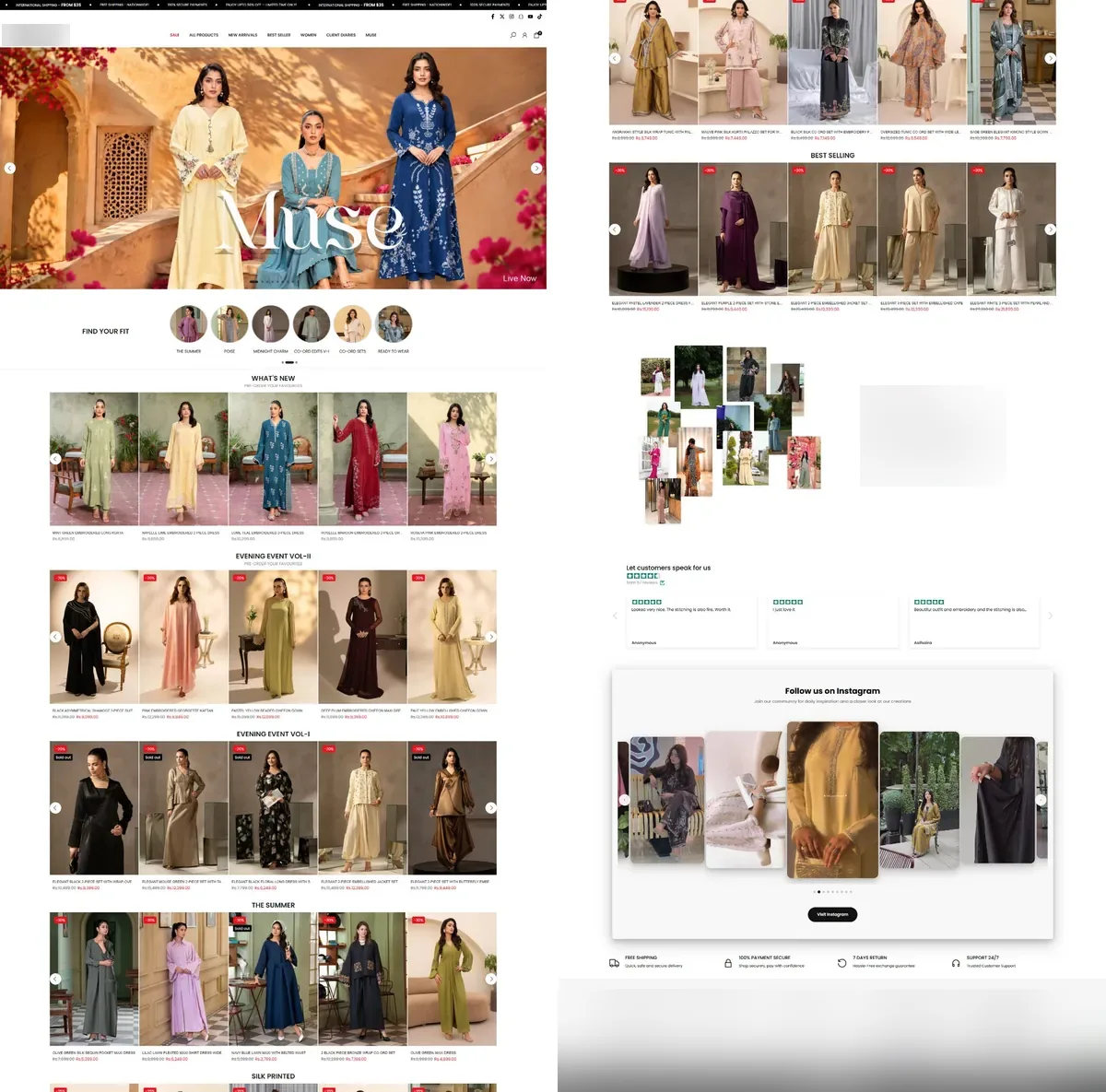 Full screenshot of the brand's revamped homepage shown in two columns: hero banner, Find your fit, What's New, Evening Event, The Summer and Best Selling rails, Client Diaries, customer reviews, Instagram, trust badges and footer